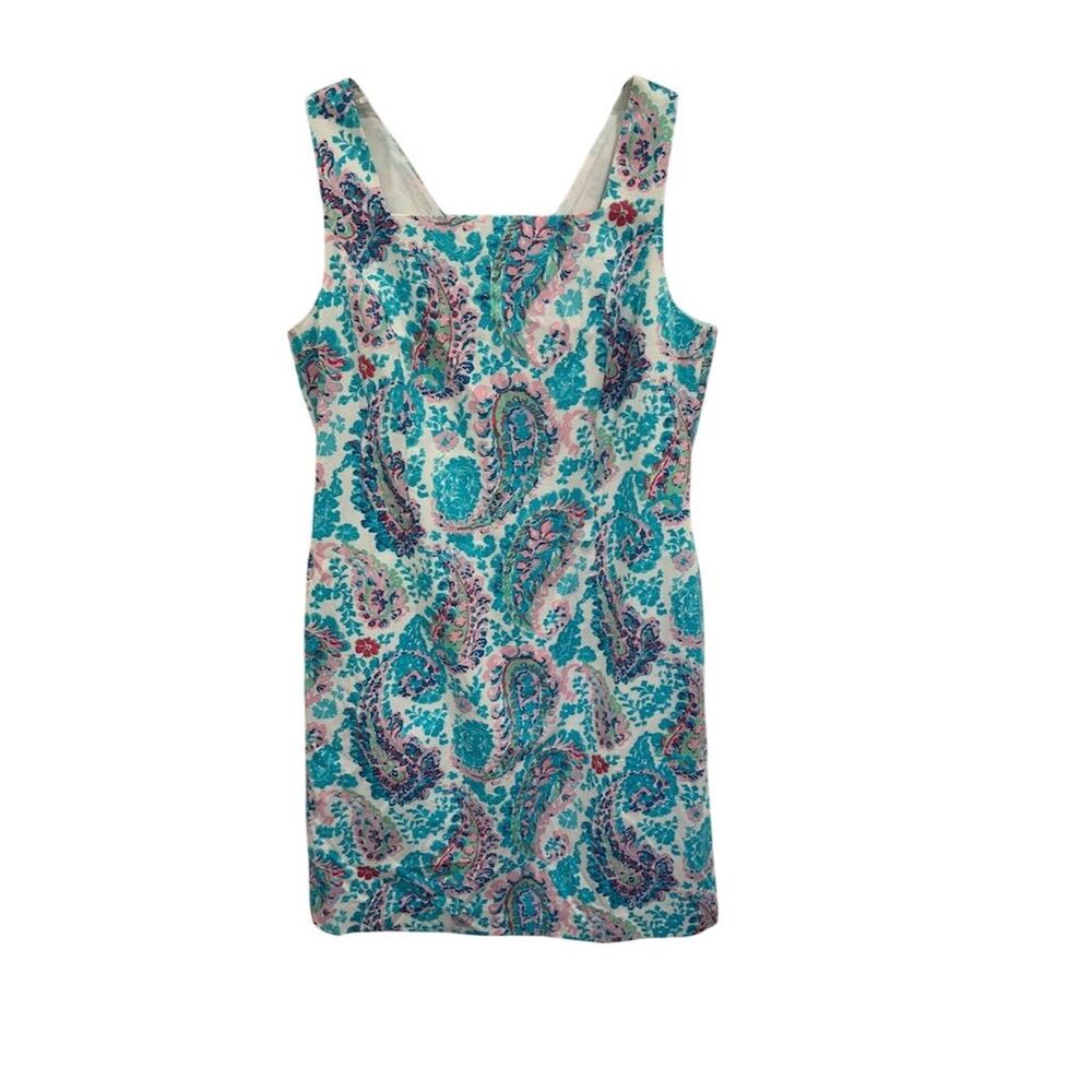 Talbots Paisley Sheath Dress Petites 10P Teal Blue Pink Knee Length